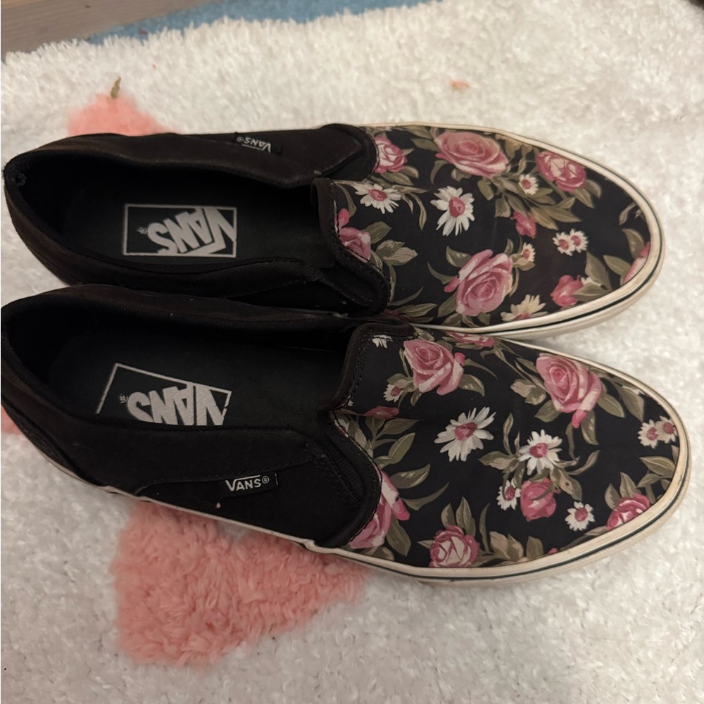 Vans Women's Black and Pink Floral Slip-On Sneakers